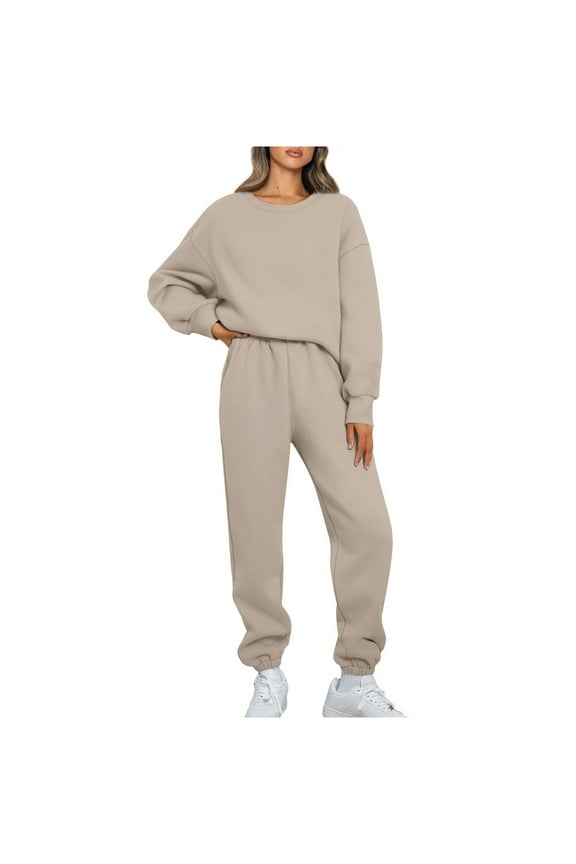 Cotton Tracksuits Womens 2 Piece Outfits Sweat Set Fall Winter Oversized Sweatshirts and Jogger Pants Sportswear (L, Beige)