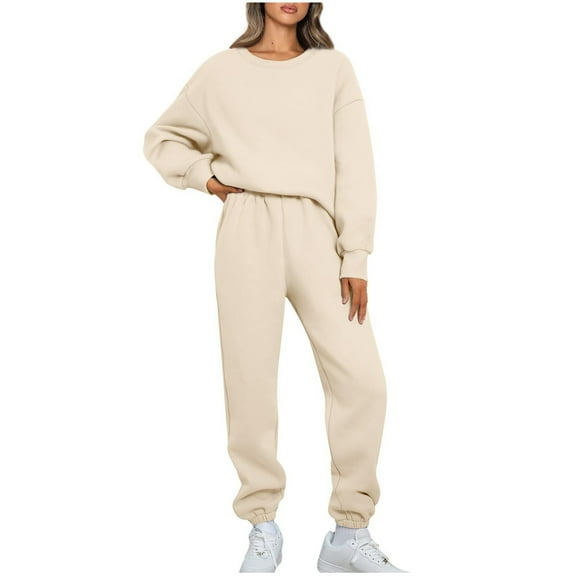 Cotton Tracksuits Womens 2 Piece Outfits Sweat Set Fall Winter Oversized Sweatshirts and Jogger Pants Sportswear (XXL, Khaki)