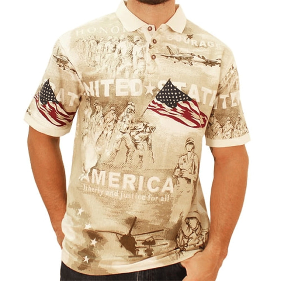 Cotton Traders Allover Patriotic Men's Polo Shirt With Historical Images USA