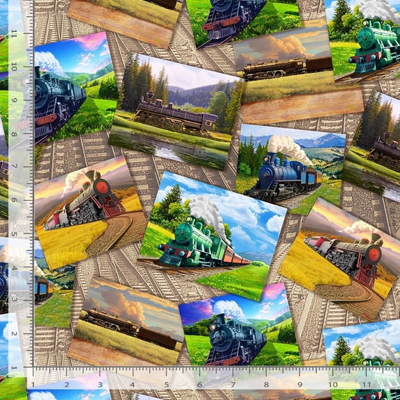 Cotton Trains Postcard and Track Trains Railroad Travel Transportation Timeless Treasures Cotton Fabric Print by the Yard (MICHAEL-CD3738)