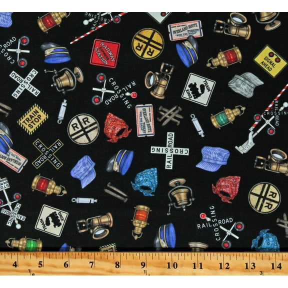 Cotton Trains Railroad Crossing Signs Gear Equipment Conductors Hats Whistles Signals Locomotion Black Cotton Fabric Print by the Yard (1649-28672-J)
