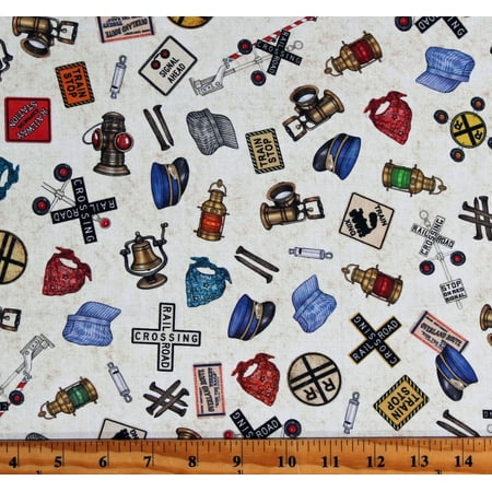 Cotton Trains Railroad Crossing Signs Gear Equipment Conductors Hats Whistles Signals Locomotion Cream Cotton Fabric Print by the Yard (1649-28672-E)