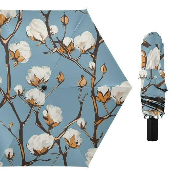 Cotton Tree Oil Painting All Weather Umbrella Triple Folding Parasol 6 Ribs UV Protection Portable