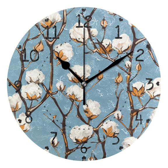 Cotton Tree Oil Painting Round Wall Clock Silent Analog Battery Operated Black Pointer Home Decor 9.84" Diameter