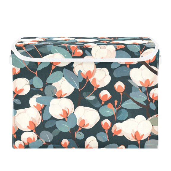 Cotton Trees Leaves Foldable Storage Bin with Lid and Handle Collapsible Storage Box 16.5 x 12.6 x 11.8 inches