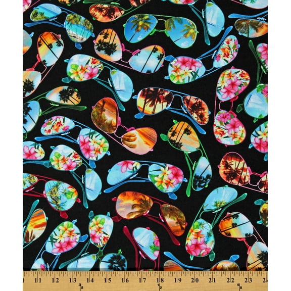 Cotton Tropical Sunglasses Black Tropical Escape Summer Vacation Beach Travel Cotton Fabric Print by the Yard (12898-12)