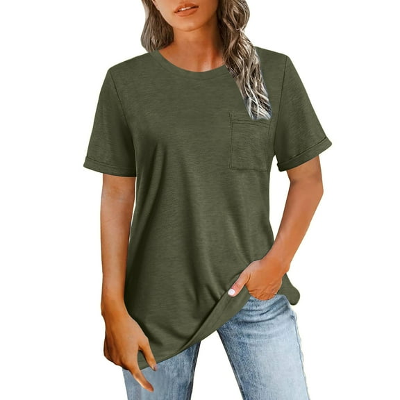Cotton Tshirts Womens Short Sleeve Loose Fit Tunic Tops with Chest Pocket Crew Neck Casual Summer Tee Shirts (XL, Army Green)