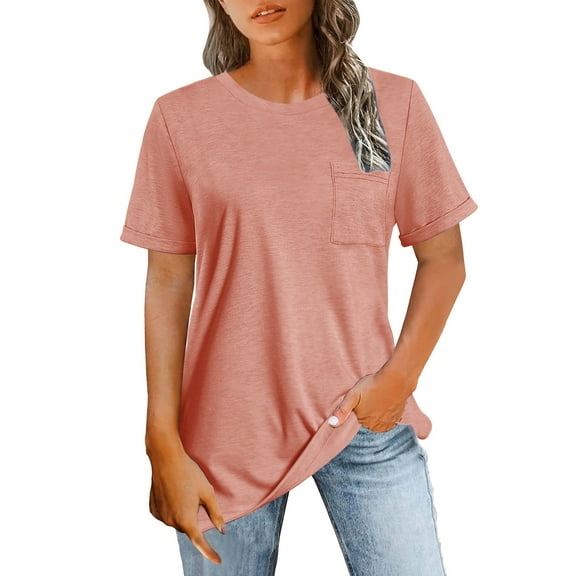 Cotton Tshirts Womens Short Sleeve Loose Fit Tunic Tops with Chest Pocket Crew Neck Casual Summer Tee Shirts (XL, Pink)
