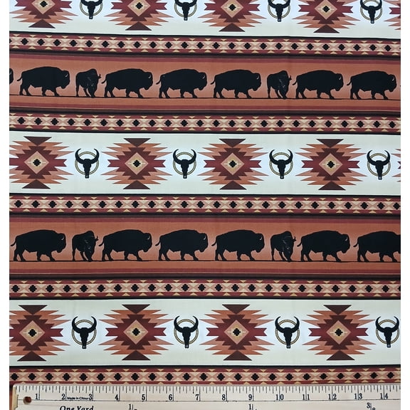 Cotton Tucson Southwestern Aztec Bison Buffalo Elizabeth Studios Cotton Fabric Print by the Yard (485UMBER)