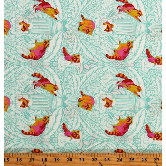 Cotton Tula Pink Tiny Beasts Floral Flowers Trash Cans Raccoons Woodland Animals Teal Cotton Fabric Print by the Yard (PWTP181.GLOW)