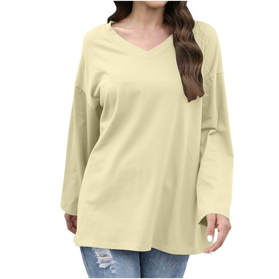 Cotton Tunic Tops for Women Solid Color V Neck Long Sleeve Baggy Tee Shirts Casual Loose Fit Fashion Basic Blouse