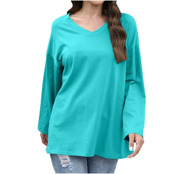 Cotton Tunic Tops for Women Solid Color V Neck Long Sleeve Baggy Tee Shirts Casual Loose Fit Fashion Basic Blouse