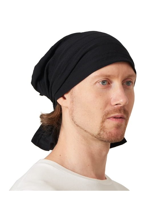 Cotton Turban Bandana Cap - Mens Chemo Head Cover, Womens Pirate Hair Wrap, Black