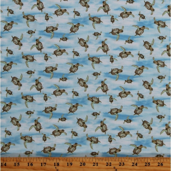 Cotton Turtle March Sea Turtles Animals Aquatic Water Ocean Blue Cotton Fabric Print by the Yard (1141-11)