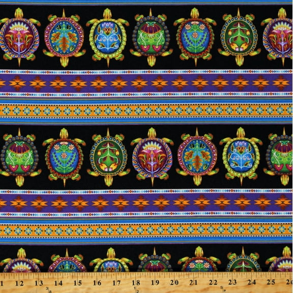 Cotton Turtles Stripes Southwestern Animals Tribal Indigenous Turtles Black Cotton Fabric Print by the Yard (31001BLACK)