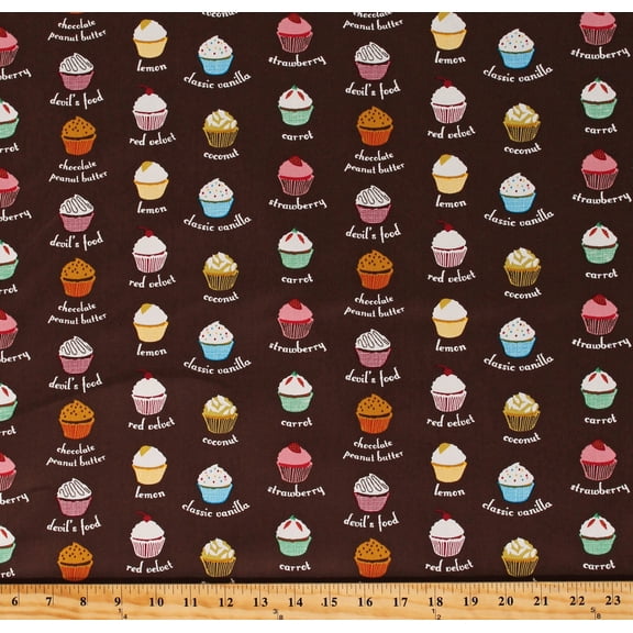 Cotton Twill Cupcakes Red Velvet Peanut Butter Desserts on Brown 58" Wide Cotton Fabric by the Yard (D248.21)