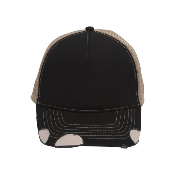 Cotton Twill Distressed Mesh Trucker Hat, Black/Khaki