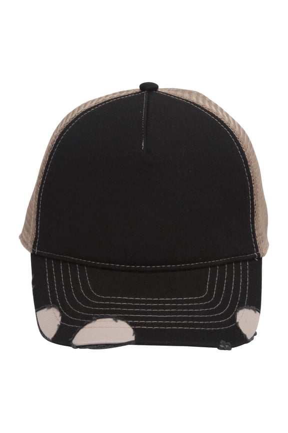 Cotton Twill Distressed Mesh Trucker Hat, Black/Khaki