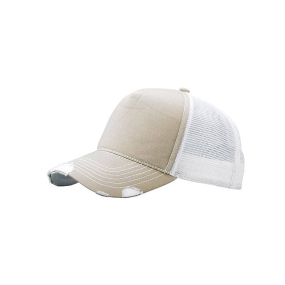 Cotton Twill Distressed Mesh Trucker Hat, Khaki/White