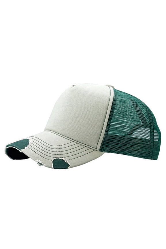 Cotton Twill Distressed Mesh Trucker Hat, Olive/Dark Green