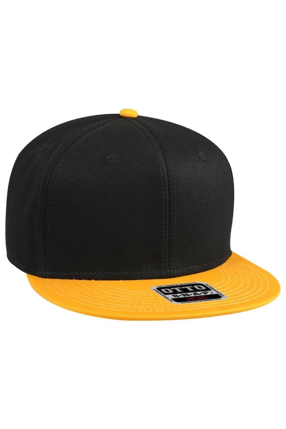 Cotton Twill Flat Bill 6 Panel Mid Profile Snapback Hat, Gold/Black