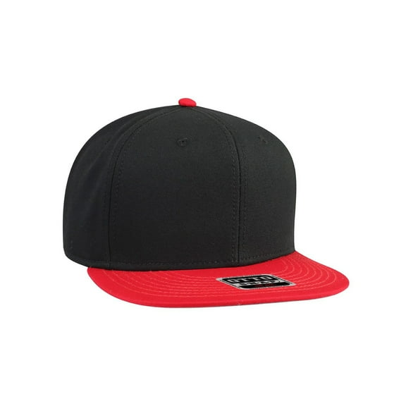 Cotton Twill Flat Bill 6 Panel Mid Profile Snapback Hat, Red/Black