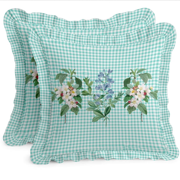 Cotton Twill Frill Cushion Covers by Vargottam - 16 Inch Square, Set of 2, Reversible Print, Farmhouse Throw Pillow Covers with Hidden Zipper - Check Pattern