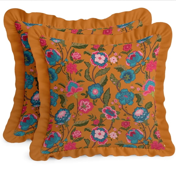 Cotton Twill Frill Cushion Covers by Vargottam - 18 Inch Square, Set of 2, Reversible Print, Farmhouse Throw Pillow Covers with Hidden Zipper - Floral Design