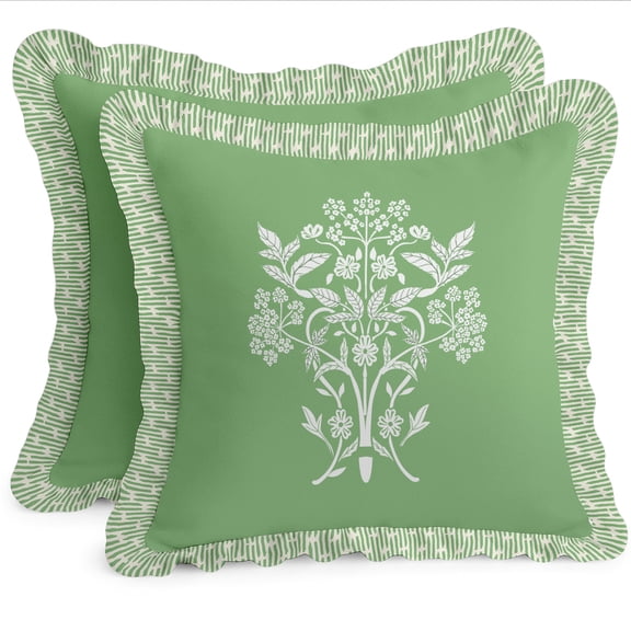 Cotton Twill Frill Cushion Covers by Vargottam - 18 Inch Square, Set of 2, Reversible Print, Farmhouse Throw Pillow Covers with Hidden Zipper - Floral Pattern