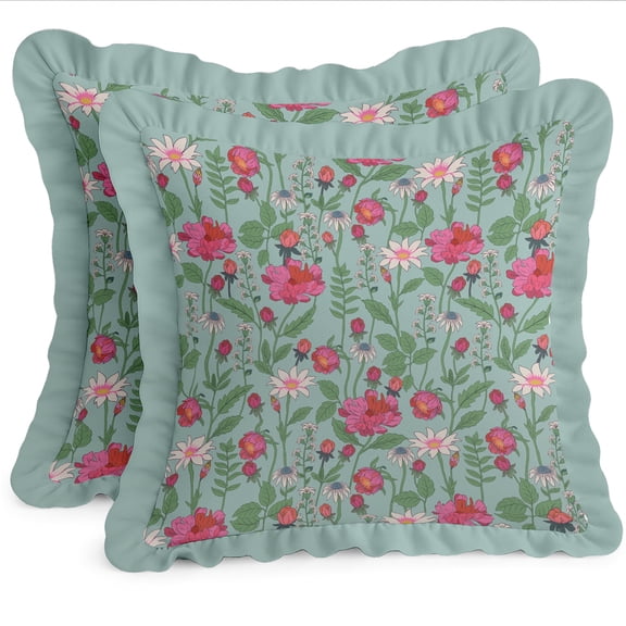 Cotton Twill Frill Cushion Covers by Vargottam - 18 Inch Square, Set of 2, Reversible Print, Farmhouse Throw Pillow Covers with Hidden Zipper - Floral Print