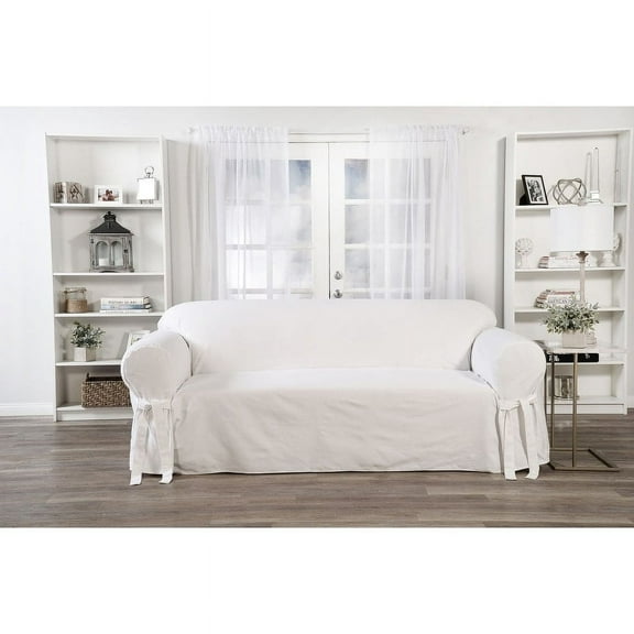 Cotton Twill One Piece Sofa Slipcover in White