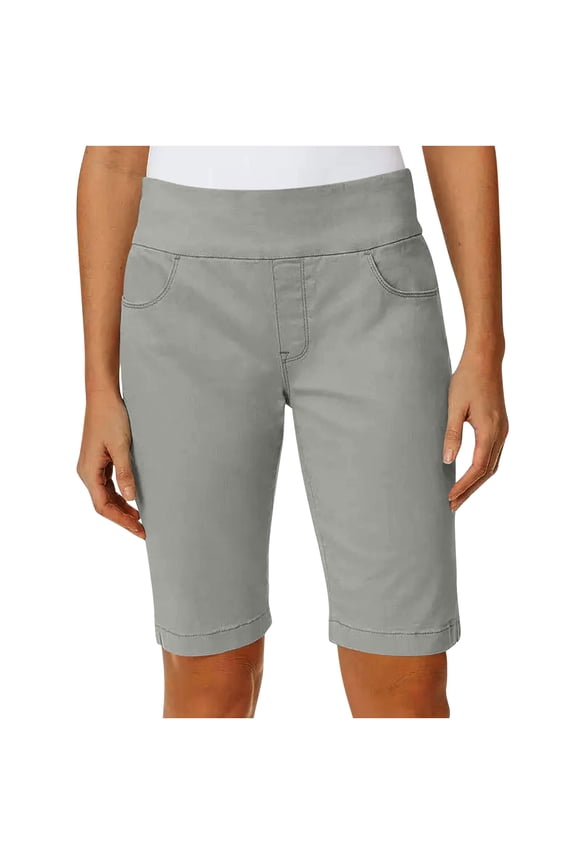 Cotton Twill Shorts for Women High Waist Flat Front Pull On Stertch Short Pants with Pockets (L, Gray)