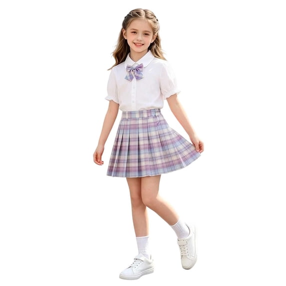 Cotton Two Piece Skirt Set for Girls Summer Puff Sleeve Collared Top Plaid Skirt Bow Tie Preppy School Uniform Outfit for Class Photos Party Recital