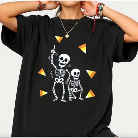 Cotton,Two skeleton greeting T-shirt tops with candy patterns, comfortable and breathable, black S-5XL