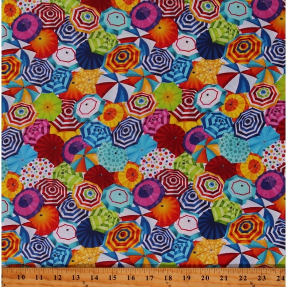 Cotton Umbrellas Stripes Designs Patterned Beach Sun Sand Multicolor Cotton Fabric Print by the Yard (GAIL-CD2772-MULTI)
