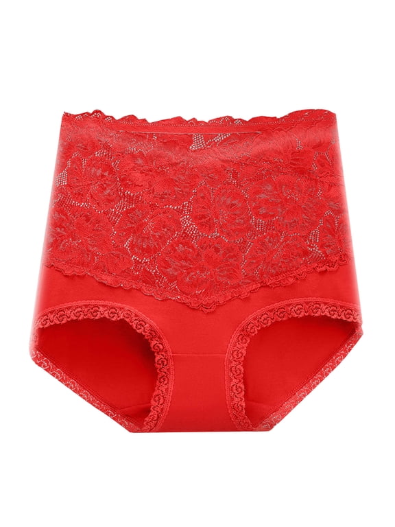 Cotton Underwear Women Pack Women's Solid Color Lace Panties High Waist Stretchy Large Size Abdomen Lift Cotton Underwear Briefs Red L