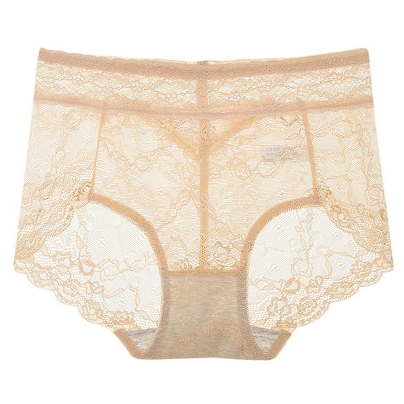 Cotton Underwear for Women Soft Women's Fashion Sexy Transparent Middle-waisted Pants Panties Thong Lace Beige 2XL