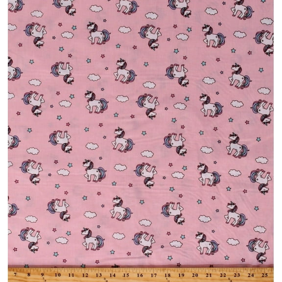 Cotton Unicorns Magical Stars Clouds Pink Cotton Fabric Print by the Yard (8695D-9D)