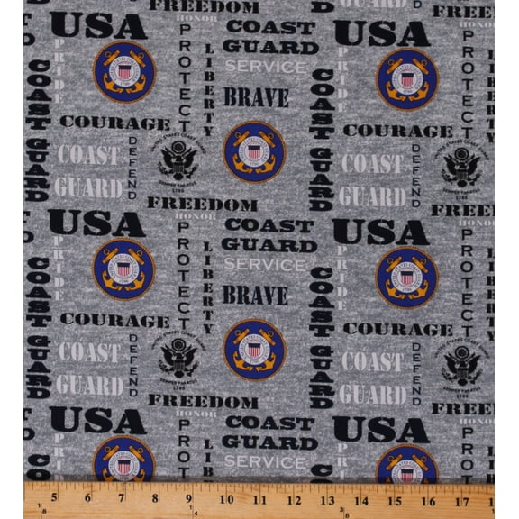 Cotton United States of America Coast Guard Symbols Emblems USA Patriotic Military Stars and Stripes American Eagle on Gray Cotton Fabric Print by the Yard (1181-CG)