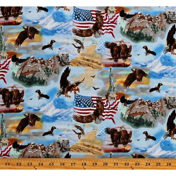 Cotton United States of America USA Patriotic Symbols Statue of Liberty Mt Rushmore American Flags Bald Eagles National Emblem Cotton Fabric Print by the Yard (2046-11)