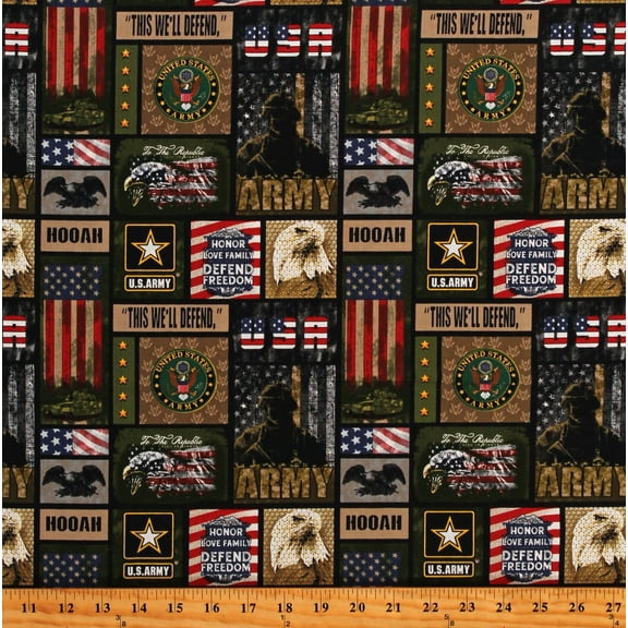 Cotton United States US Army Eagles Symbols Emblems Military Green Cotton Fabric Print by the Yard (1339-A)