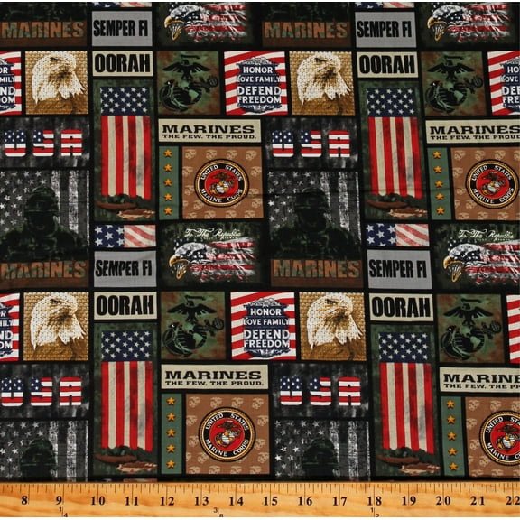 Cotton United States US Marines Eagles Symbols Emblems Military Cotton Fabric Print by the Yard (1339-M)