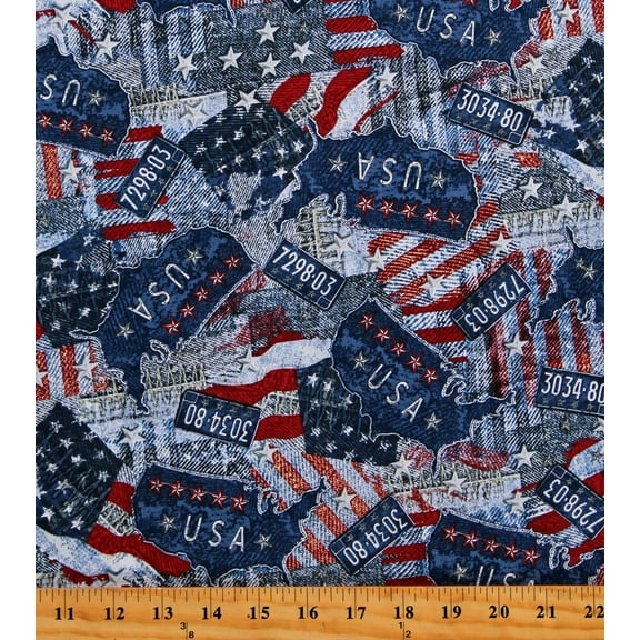 Cotton United States of America Patriotic Denim-Look USA American Flags Route 66 Cotton Fabric Print by the Yard (USA-C8793-USA)