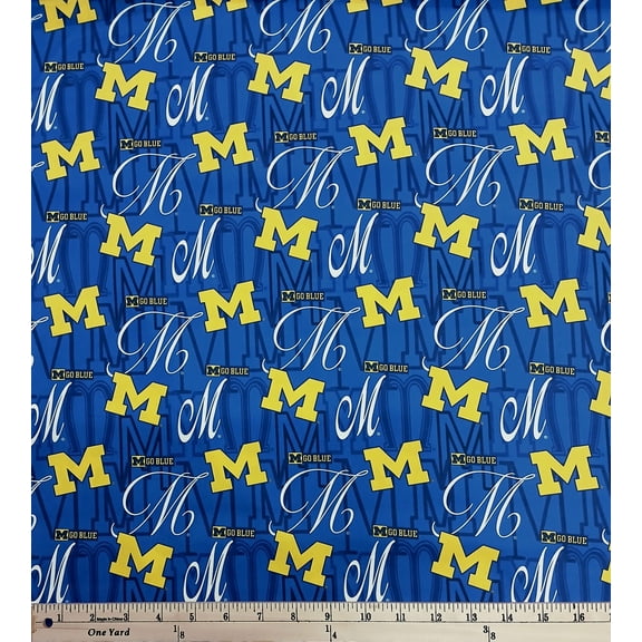Cotton University of Michigan U of M Wolverines Letters Script Officially Licensed by Sykel Enterprises Blue Cotton Fabric Print by the Yard (MCHG1372)