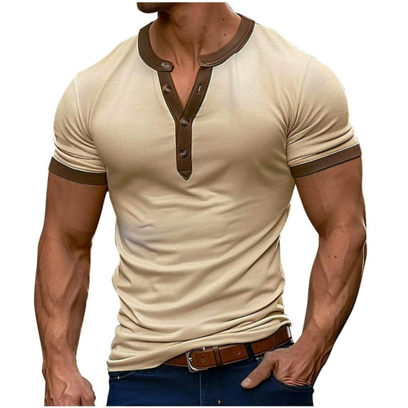 ShomPort Cotton V-Neck Tee for Men Muscle Slim T Shirts with Button Summer Fashion shirts