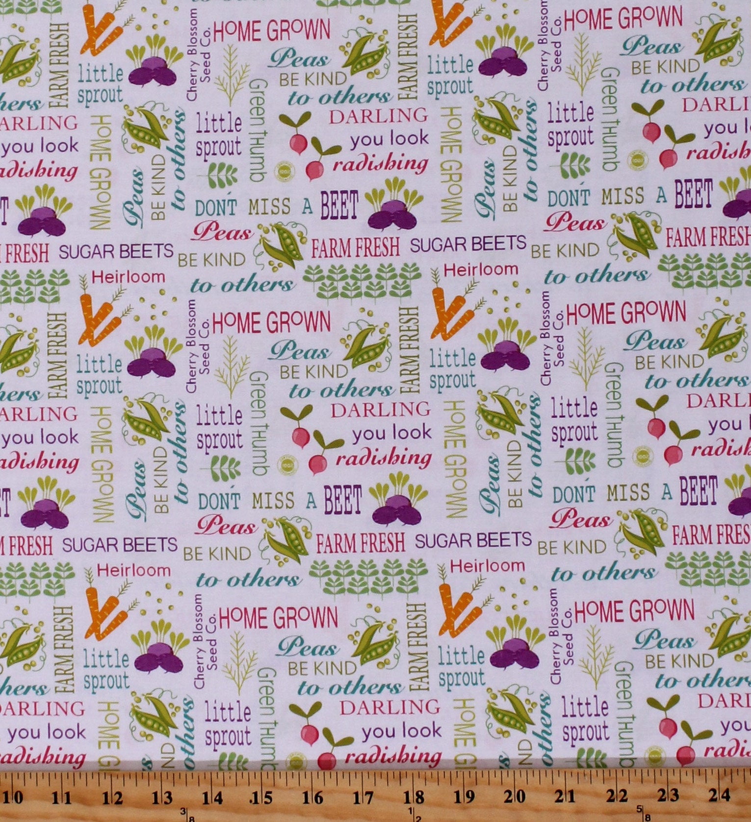 Cotton Vegetables Garden Puns Food Planted With Love Words of Seed White Cotton Fabric Print by the Yard (10152-09)