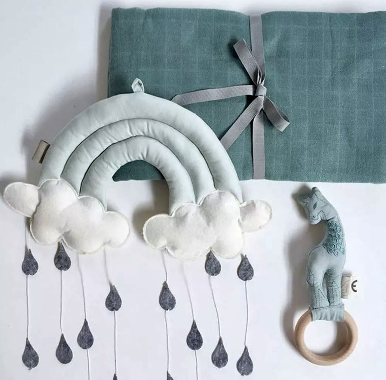 Cotton Velvet Cloud Raindrops Mobile Pillow wall hanging tent Bed play Decor Nursery Baby Shower Gift Ceiling for crib boy girl kids room Green Teal Pastel