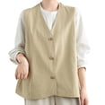 thumbnail image 1 of Cotton Vest for Women, Sleeveless V-Neck Button-Front Waistcoat with Natural Texture for Spring & Fall Layering, 1 of 6