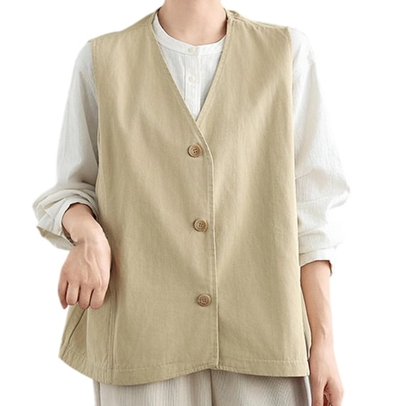 Cotton Vest for Women, Sleeveless V-Neck Button-Front Waistcoat with Natural Texture for Spring & Fall Layering