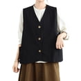 thumbnail image 1 of Cotton Vest for Women, Sleeveless V-Neck Button-Front Waistcoat with Natural Texture for Spring & Fall Layering, 1 of 6